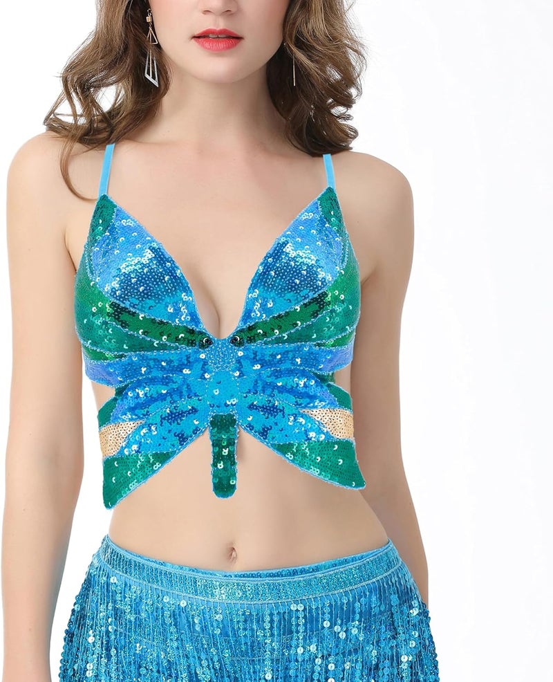 Mocure Womens Glitter Sequin Butterfly Crop Top Low-Cut Tank Top Rave Tube Vest Top for Belly Dance Costume Outfits - Image 2